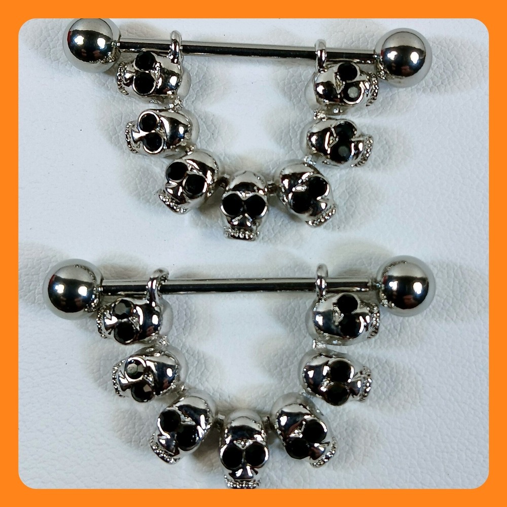 Silver Skull Nipple Shield Barbell Pair Gothic Punk Body Jewelry 1.25 Inch